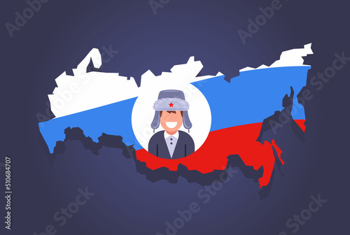 map of russia with an icon of a typical person from this country. cap with earflaps on the head. flat vector illustration.