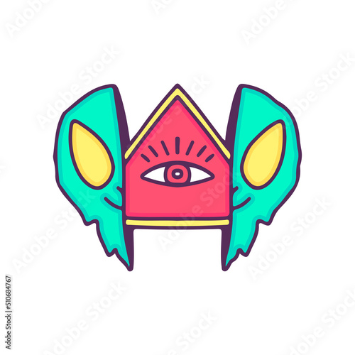 Two half of alien head with triangle and one eye inside, illustration for t-shirt, street wear, sticker, or apparel merchandise. With doodle, retro, and cartoon style.
