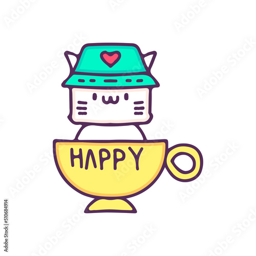 Cute cat with bucket hat inside a cup of coffee, illustration for t-shirt, street wear, sticker, or apparel merchandise. With doodle, retro, and cartoon style.