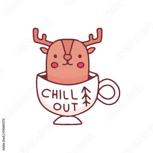 Deer mascot inside a cup of coffee, illustration for t-shirt, street wear, sticker, or apparel merchandise. With doodle, retro, and cartoon style.