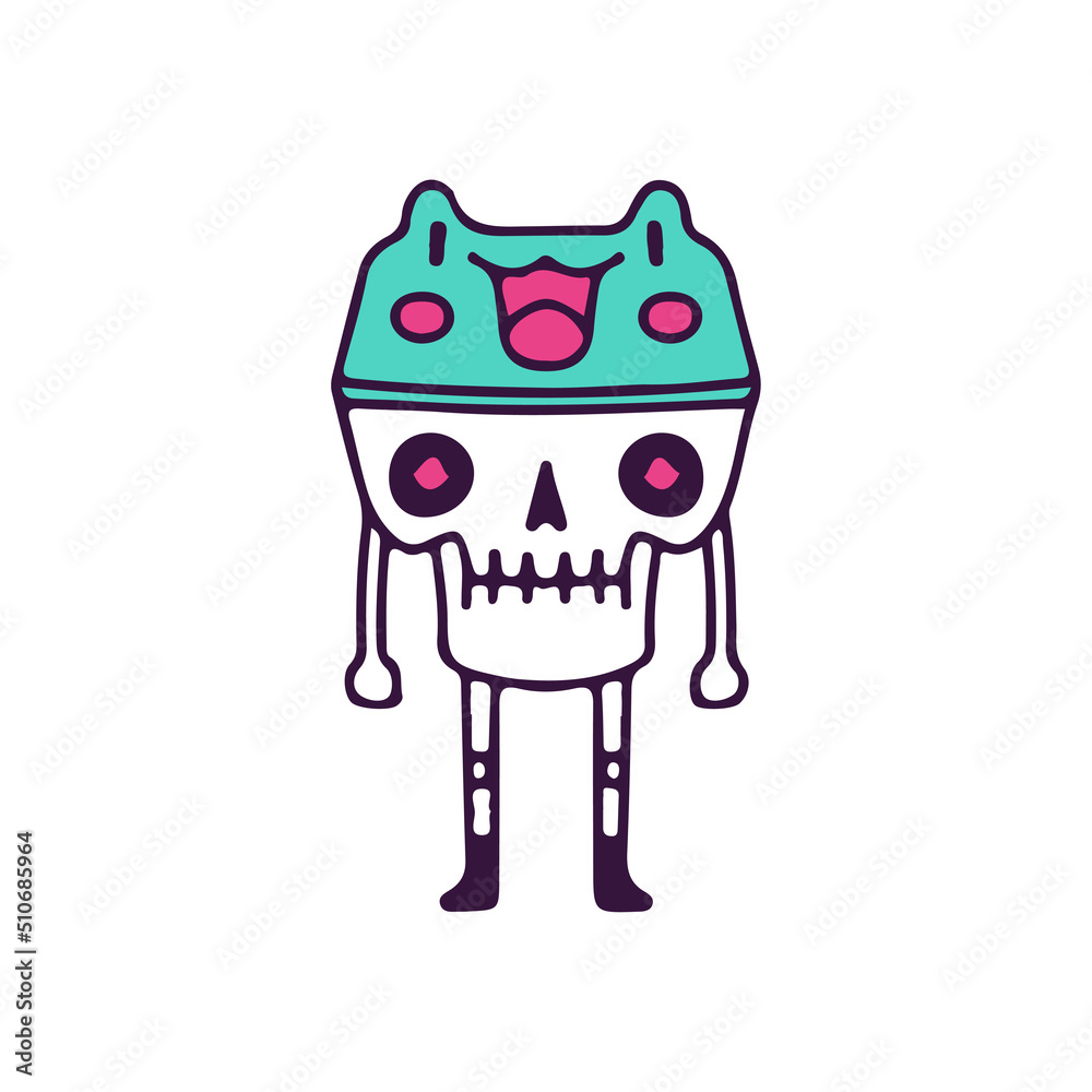 Skull mascot with frog hat, illustration for t-shirt, street wear, sticker, or apparel merchandise. With doodle, retro, and cartoon style.