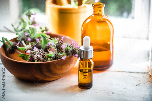 Flowers Wild basil , Clinopodium vulgare or Satureja vulgaris close-up near cosmetic bottles with a pipette and oils made from medicinal herbs. photo