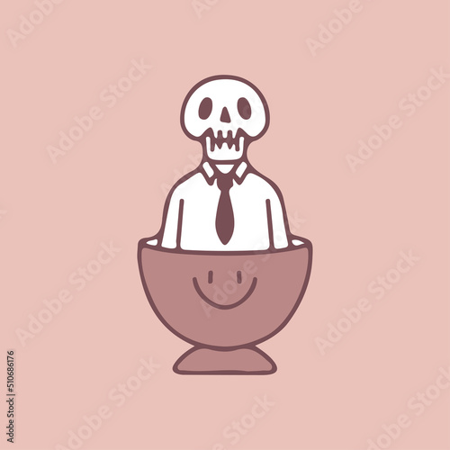 Businessman skull inside cup of coffee, illustration for t-shirt, street wear, sticker, or apparel merchandise. With doodle, retro, and cartoon style.