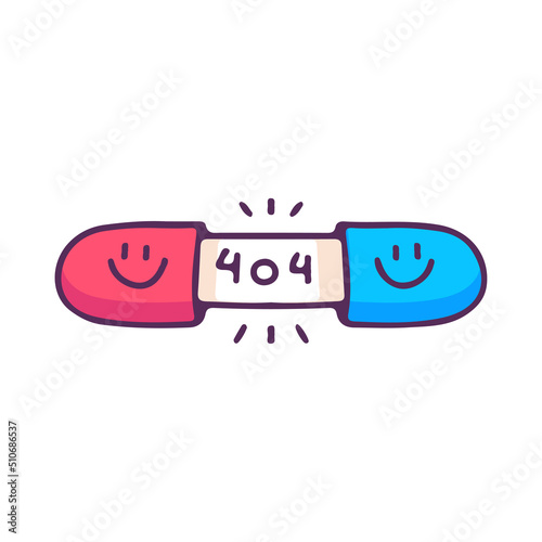 Two half of pills capsule with 404 code inside, illustration for t-shirt, street wear, sticker, or apparel merchandise. With doodle, retro, and cartoon style.