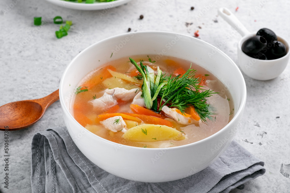 Chicken soup with vegetables and herbs in a white bowl served on the kitchen table Chicken soup with vegetables and herbs in a white bowl served on the kitchen table