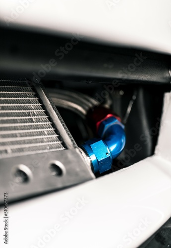 Car oil cooler with red and blue a/n fittings