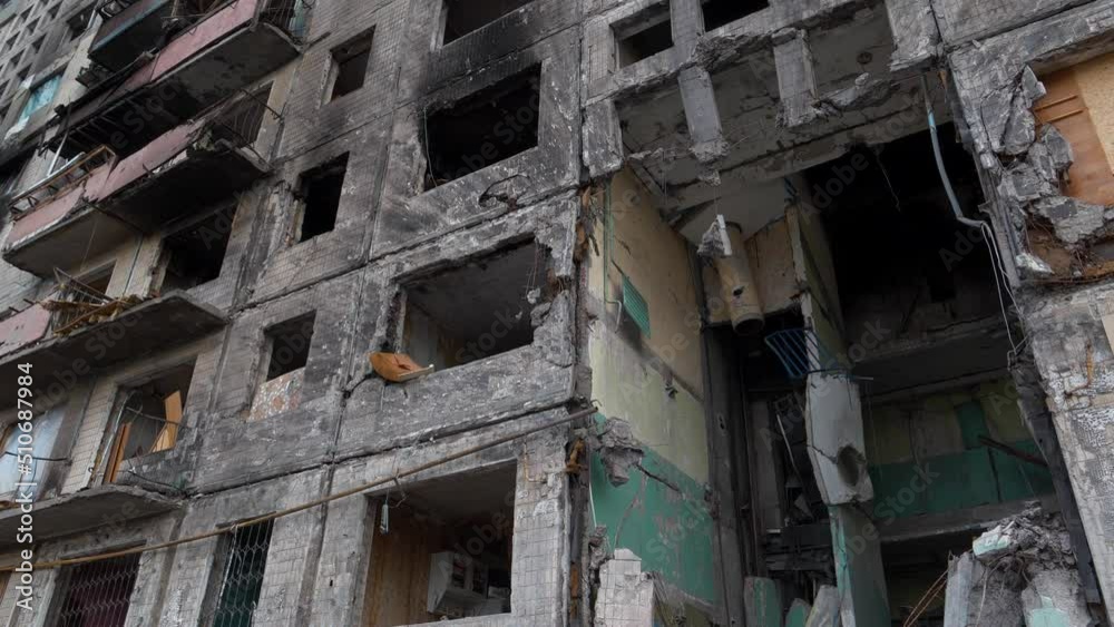 After bombing. Dwelling house destroyed by russian shell in Kyiv city.Russian aggression.War in Ukraine.Terror and genocide of Ukrainian people After bombing. Dwelling house destroyed by russian shell in Kyiv city.Russian aggression.War in Ukraine.Terror and genocide of Ukrainian people