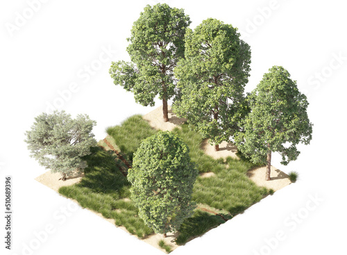 Rural road near a green grass field and trees passing along a dirt path muddy road isometric on white background