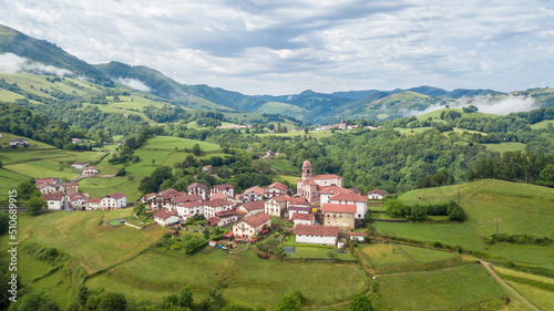 aerial view of ziga rural town in baztan valley, Spain