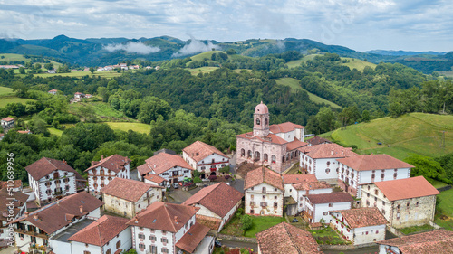 aerial view of ziga rural town in baztan valley, Spain