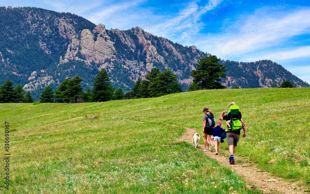 Family hiking on Colorado's Flatiron Vista Trail near Boulder