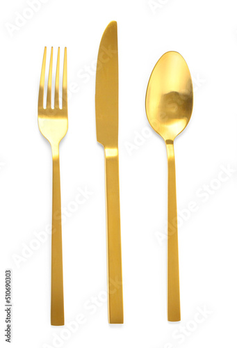 golden fork, spoon and knife