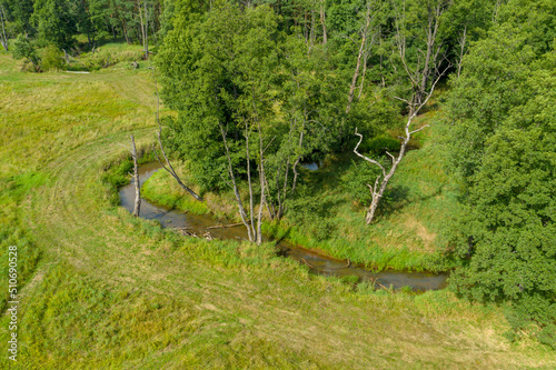 Mała wąska rzeka płynąca zakolami przez las. Brzegi porasta zielona trawa, w głębi znajduje się mieszany las. Jest słoneczny dzień. Zdjęcie zrobione z wysokości przy użyciu drona.