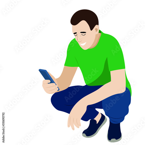 Portrait of a guy who is squatting with a phone in his hand, vector isolated on a white background, the guy looks at the smartphone