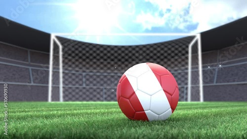 Austria soccer ball, rolling into stadium with camera flashes. 3D animation