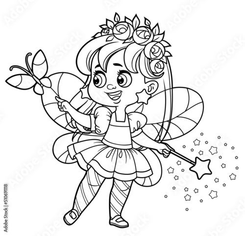 Cute cartoon little fairy with magic wand looking at a butterfly outlined for coloring on white background