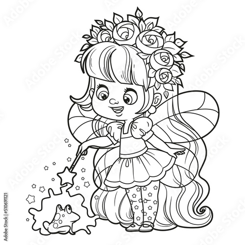 Cute cartoon little fairy casts spell with magic wand on a frog outlined for coloring on white background