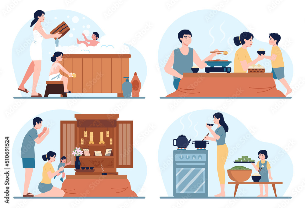 Happy asian family in a daily life. Traditional japanese interior,