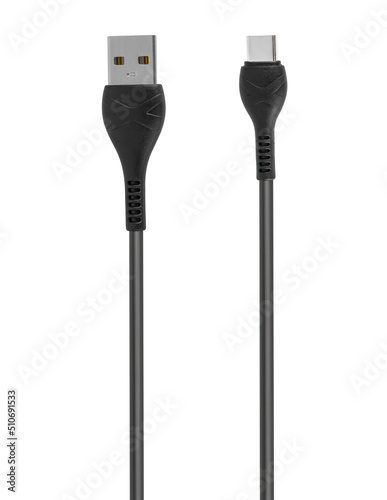 USB and Type C connector with cable, on a white background, top view