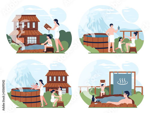 Happy asian family bathing at onsen set. Parents with children relaxing
