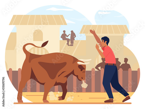 Mexico corrida. Bullfighting show, brave toreador conquering a bull.