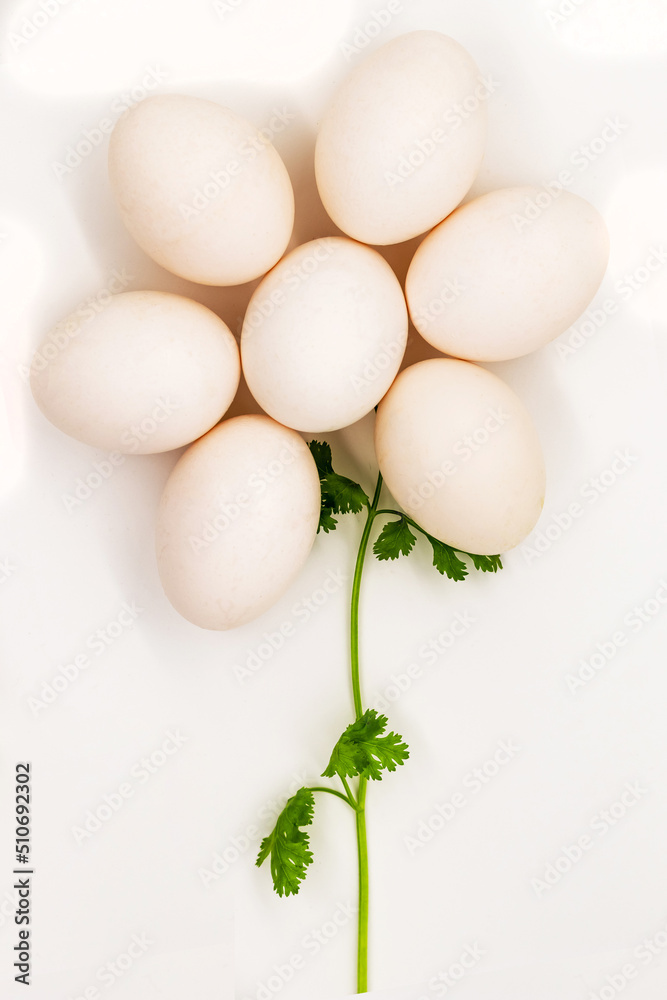 Composition with eggs and coriander forming a flower