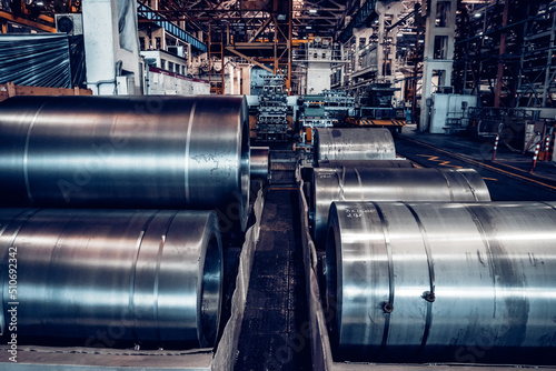 Stock with rolls of sheet steel in industrial plant