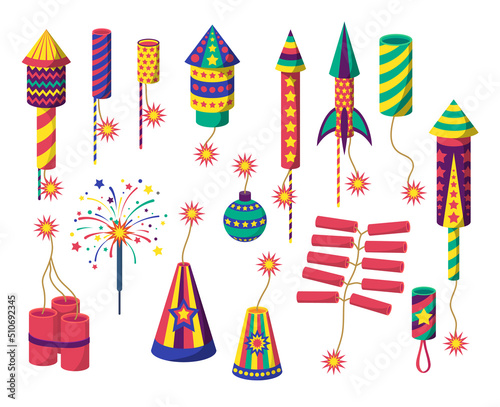 Cartoon Color Different Firecracker or Pyrotechnics Rocket Icon Set Flat Design Style Celebration Holiday Party Concept. Vector illustration