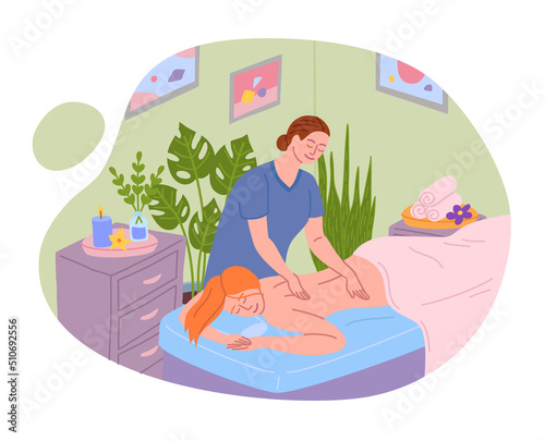 Cartoon Color Character Relaxed Woman Getting Back Massage Treatment or Beauty Therapy Concept Flat Design Style. Vector illustration