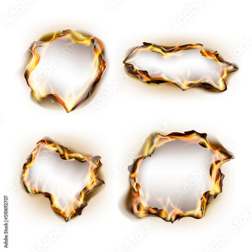 Realistic Detailed 3d Burning Holes Different Shapes Set Isolated on a White Background. Vector illustration of Paper with Fire and Black Ash