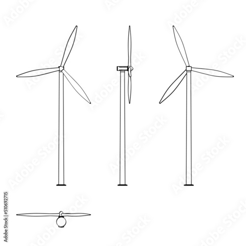 wind turbines on white background, Style outline concept illustration of renewable wind energy