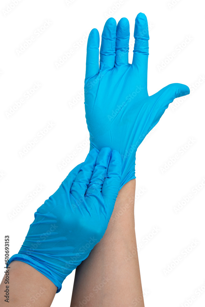 Blue nitrile medical gloves on hands isolated on the white Blue nitrile medical gloves on hands isolated on the white
