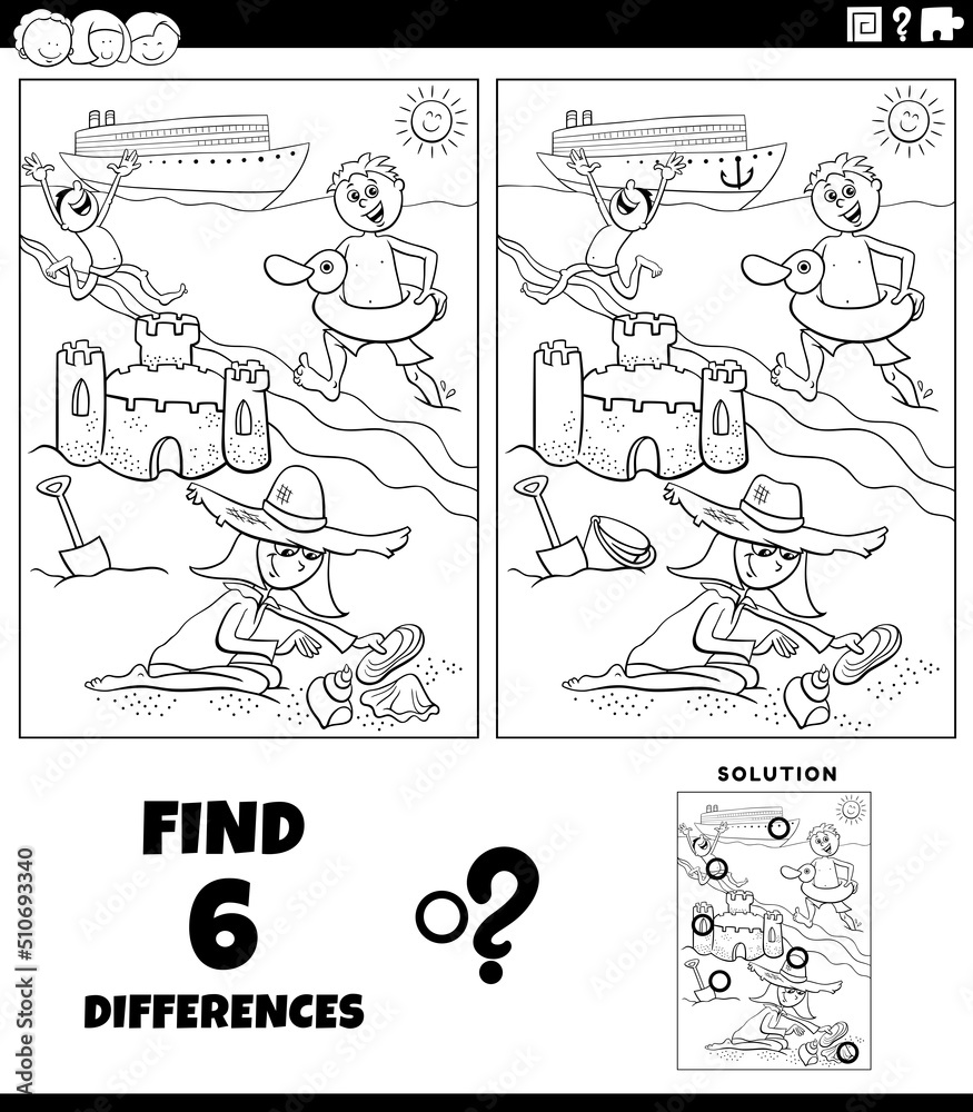 differences game with cartoon kids on the beach coloring page