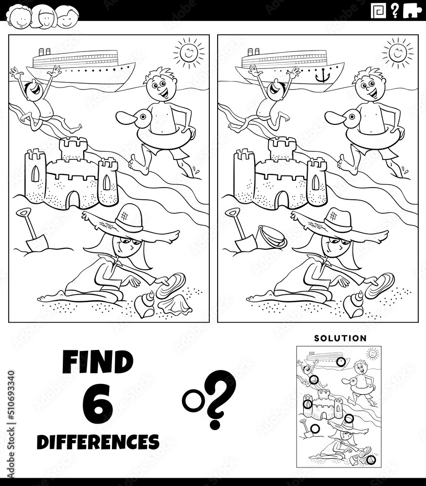differences game with cartoon kids on the beach coloring page differences game with cartoon kids on the beach coloring page