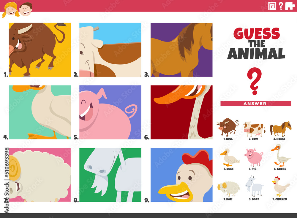 guess cartoon animal characters educational game