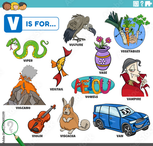 letter v words educational set with cartoon characters