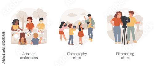 After school creativity development isolated cartoon vector illustration set. Arts and crafts class, photography and filmmaking PA day camp for children, education center activity vector cartoon. © Vector Juice