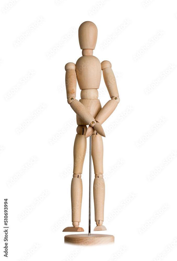 wooden mannequin joined hands behind back, prisoner isolated on white wooden mannequin joined hands behind back, prisoner isolated on white
