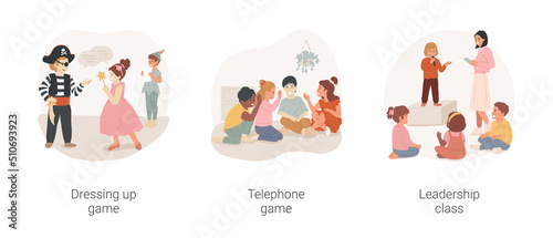 Gradeschoolers social and communication skills isolated cartoon vector illustration set. Dressing up role-playing game, telephone game, leadership class, afterschool program vector cartoon.