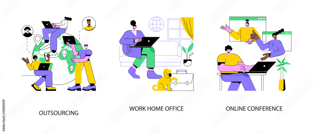 Fototapeta premium Distance working abstract concept vector illustration set. Outsourcing, work home office, online conference, freelance job, team digital meeting, IT business, internet platform abstract metaphor.