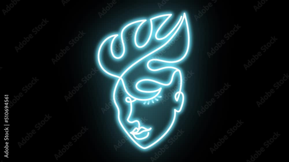 Neon face of a woman in a modern abstract minimalist one line style. Neon face of a woman in a modern abstract minimalist one line style.