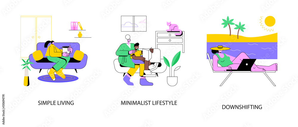 Mindful lifestyle abstract concept vector illustration set. Simple living, minimalist lifestyle, downshifting, slow living, reduced consumption, find balance, no stress life, escape abstract metaphor.