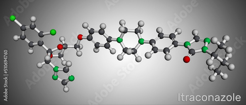 Itraconazole molecule. It is triazole antifungal drug used for the treatment of various fungal infections. Molecular model. photo