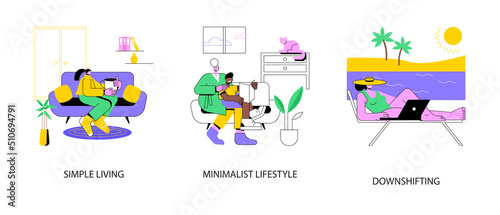 Mindful lifestyle abstract concept vector illustration set. Simple living, minimalist lifestyle, downshifting, slow living, reduced consumption, find balance, no stress life, escape abstract metaphor.