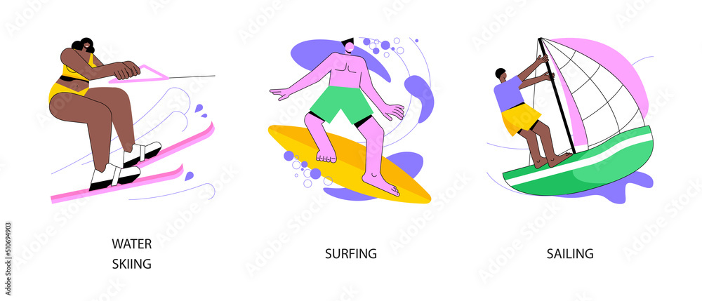 Water sport abstract concept vector illustration set. Water skiing, surfing and sailing, active lifestyle, summer adventure, ocean wave, extreme sport, swim wetsuit, yacht club abstract metaphor. Water sport abstract concept vector illustration set. Water skiing, surfing and sailing, active lifestyle, summer adventure, ocean wave, extreme sport, swim wetsuit, yacht club abstract metaphor.