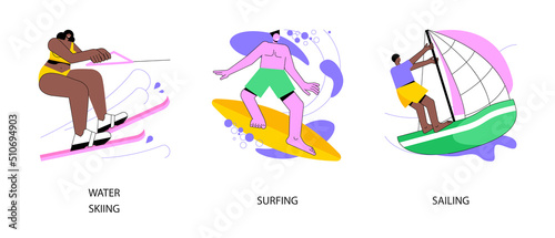 Water sport abstract concept vector illustration set. Water skiing, surfing and sailing, active lifestyle, summer adventure, ocean wave, extreme sport, swim wetsuit, yacht club abstract metaphor.