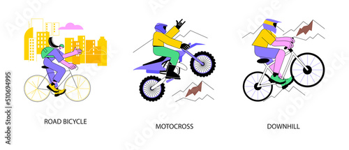 Active lifestyle abstract concept vector illustration set. Road bicycle, motocross and downhill, enduro dirt bike, mountain freeride, fast track, extreme sport, urban transport abstract metaphor.