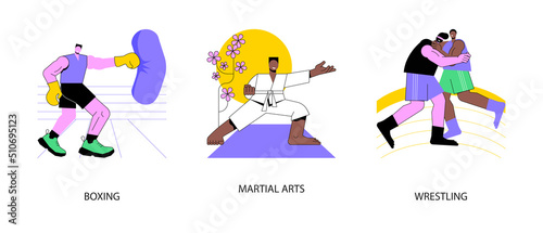 Combat sport abstract concept vector illustration set. Boxing ring, martial arts, wrestling, professional fight club, karate class, self-defense training, greco-roman athlete abstract metaphor.