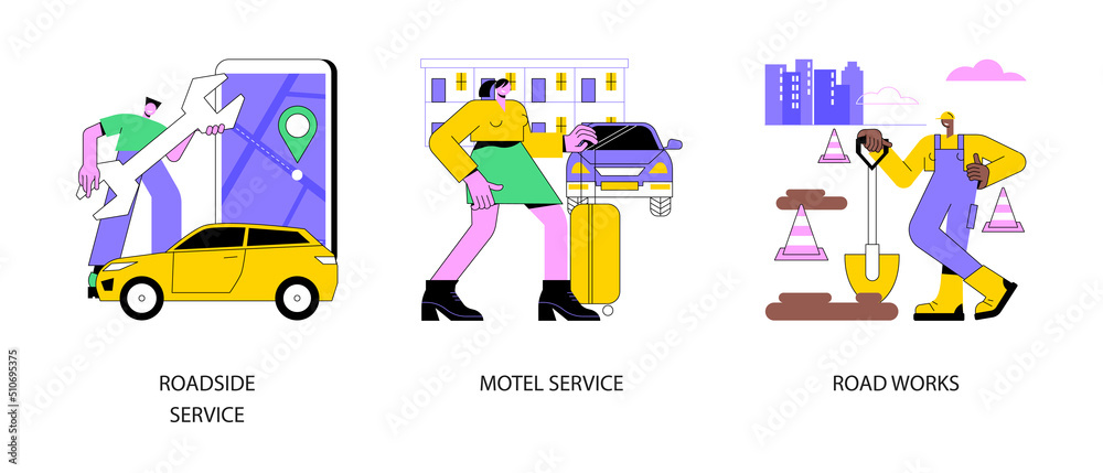 custom made wallpaper toronto digitalRoad service abstract concept vector illustration set. Roadside service, highway motel, bed and breakfast, rooms for rent, road works, mechanical repair, help to driver abstract metaphor.