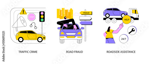 Troubles on the road abstract concept vector illustration set. Traffic crime, road fraud, roadside assistance, rules violation, pick up hitchhiker, change flat tire, car repair abstract metaphor.